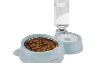 amazon basics 2 In1 Pet Feeder Food and Water Dispenser|Stainless Steel Bowl|Automatic Water Dispensing Mechanism|Suitable for Cats and Dogs,?32 cm,H_22 cm,W_16.5 cm