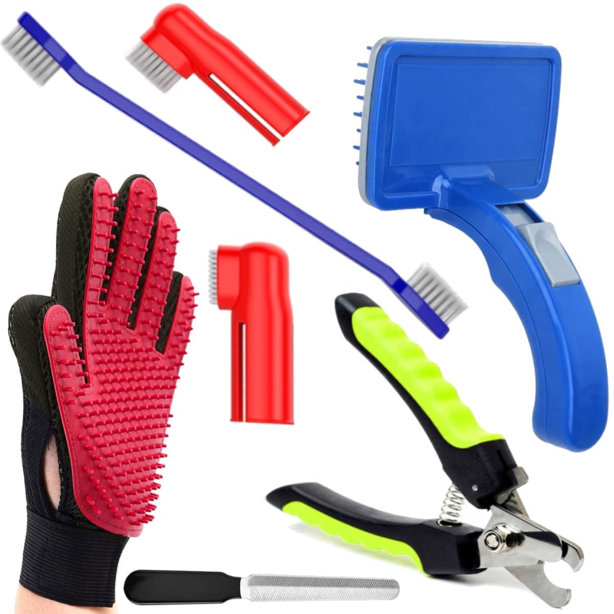 PSK PET MART Dog Grooming Kit Nail Clippers with Filer manual Toothbrush Kit Dog Plastic Slicker Brush with Press Key Pet Grooming Glove for Dog, Multicolor (Pack of 7) PSK PET MART Dog Grooming Kit Nail Clippers with Filer manual Toothbrush Kit Dog Plastic Slicker Brush with Press Key Pet Grooming Glove for Dog, Multicolor (Pack of 7)