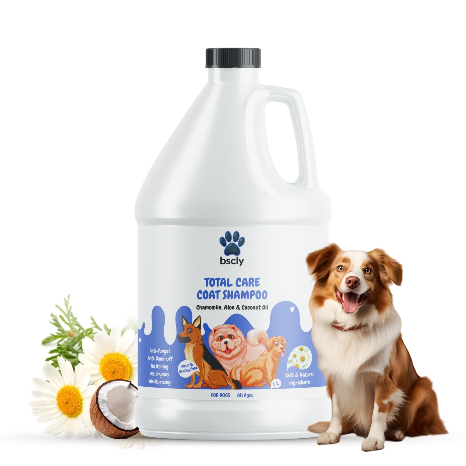 Bscly Total Care Dog Shampoo 1000Ml – Ticks & Fleas Prevention – Enriched with Chamomile, Aloe and Coconut Oil – Moisturizes & Heals Skin – Suitable for Pomeranians to Golden Retrievers Bscly Total Care Dog Shampoo 1000Ml – Ticks & Fleas Prevention – Enriched with Chamomile, Aloe and Coconut Oil – Moisturizes & Heals Skin – Suitable for Pomeranians to Golden Retrievers