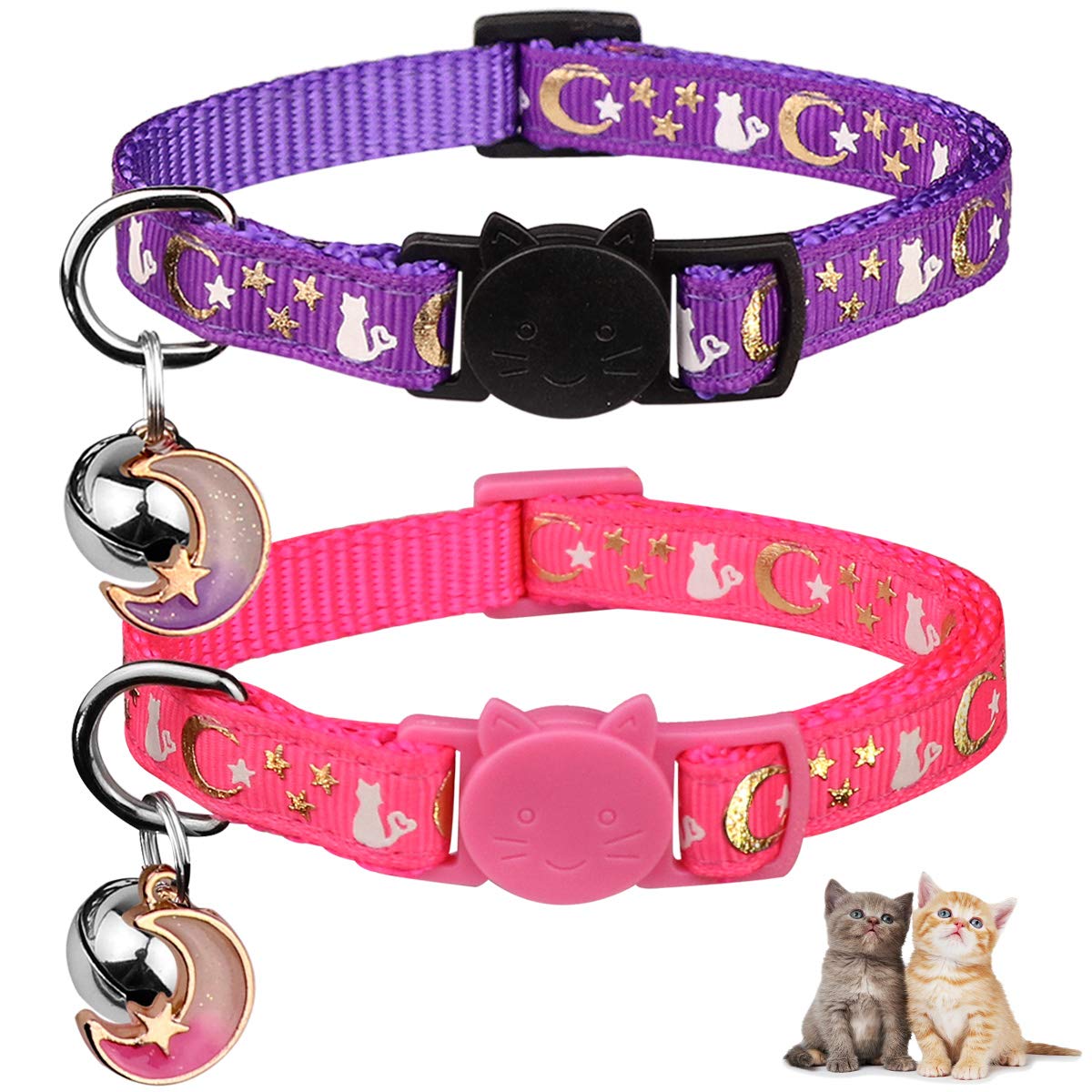 2PCS Breakaway Cat Collars with Bell Moons Stars Cute Kitty Adjustable Safe Kitten Collars with Pendant Glow in The Dark(Purple&Pink) 2PCS Breakaway Cat Collars with Bell Moons Stars Cute Kitty Adjustable Safe Kitten Collars with Pendant Glow in The Dark(Purple&Pink)