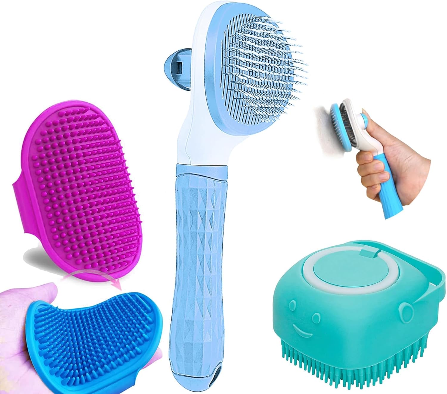 Style Keepers 3 Pcs Self Cleaning Slicker Shedding Brush Pet Bath Massage Brush With Soap & Shampoo Dispenser Soft Silicone Bristle For Long Short Haired Dogs Cats Shower Tick Remover Shower Bathing
