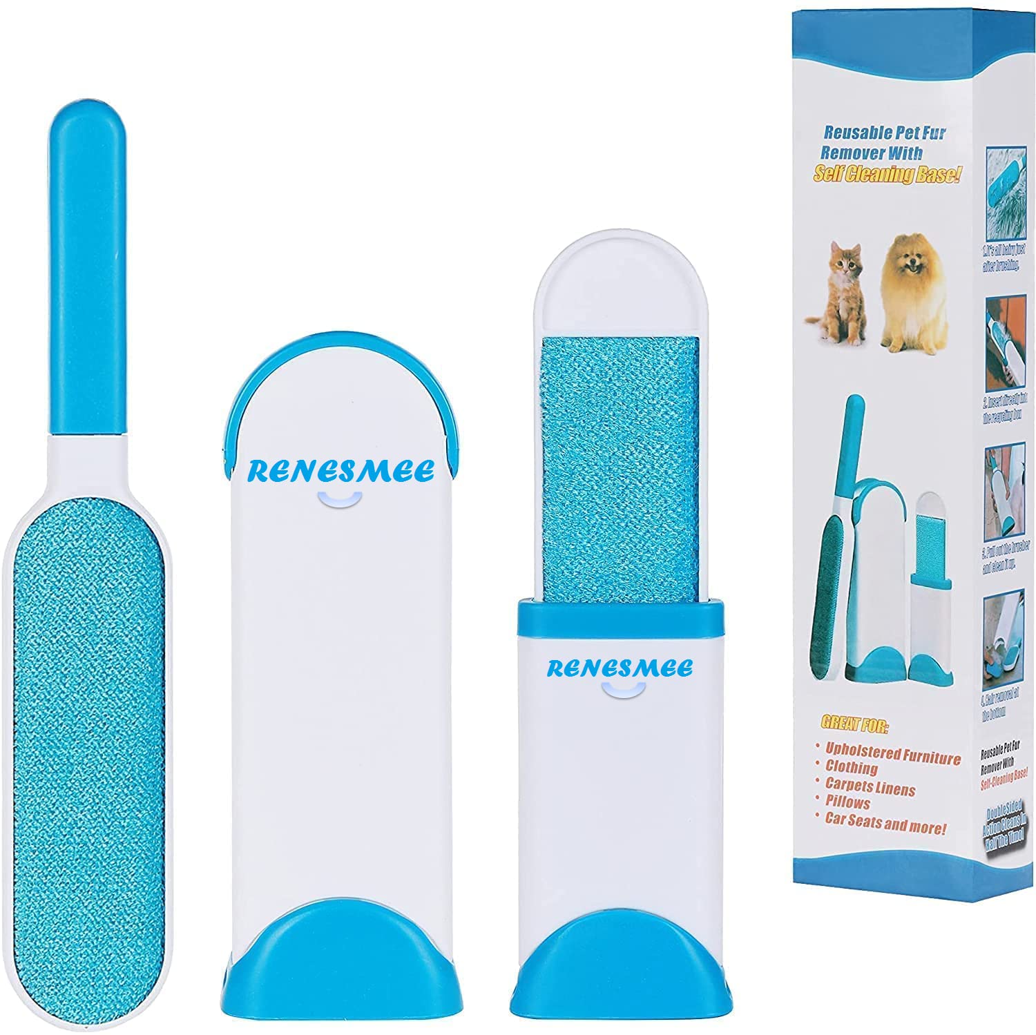 RENESMEE Pet Cat Hair Remover – Double-Sided Standard-Size, Travel Pet Hair Removal Brush, Self-Cleaning Base – Remove Cat and Dog Fur, Lint from Carpet, Car Seat, Couch, Clothing, Bedding, Fabric RENESMEE Pet Cat Hair Remover – Double-Sided Standard-Size, Travel Pet Hair Removal Brush, Self-Cleaning Base – Remove Cat and Dog Fur, Lint from Carpet, Car Seat, Couch, Clothing, Bedding, Fabric