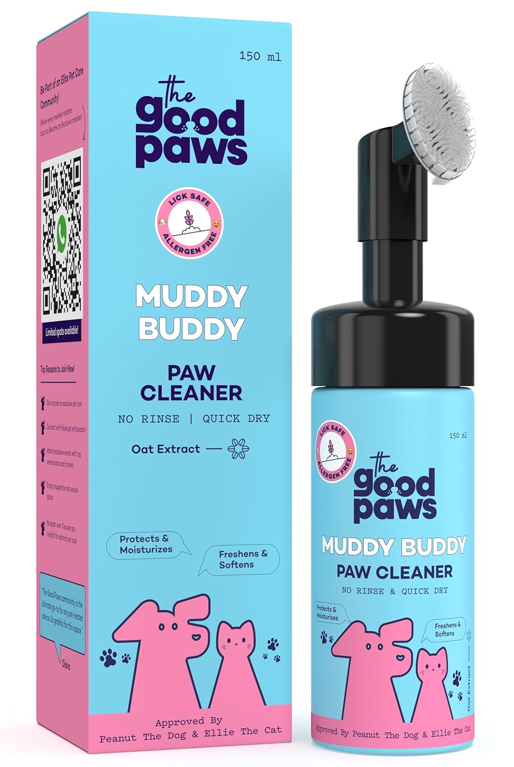 The Good Paws Muddy Buddy Paw Cleaner For Dogs & Cats | No Rinse Foaming Cleanser | Quick Dry | Lick Safe | Allergen Free | Protects & Moisturizes | Freshens & Softens | Oat Extract | 150 Milliliter