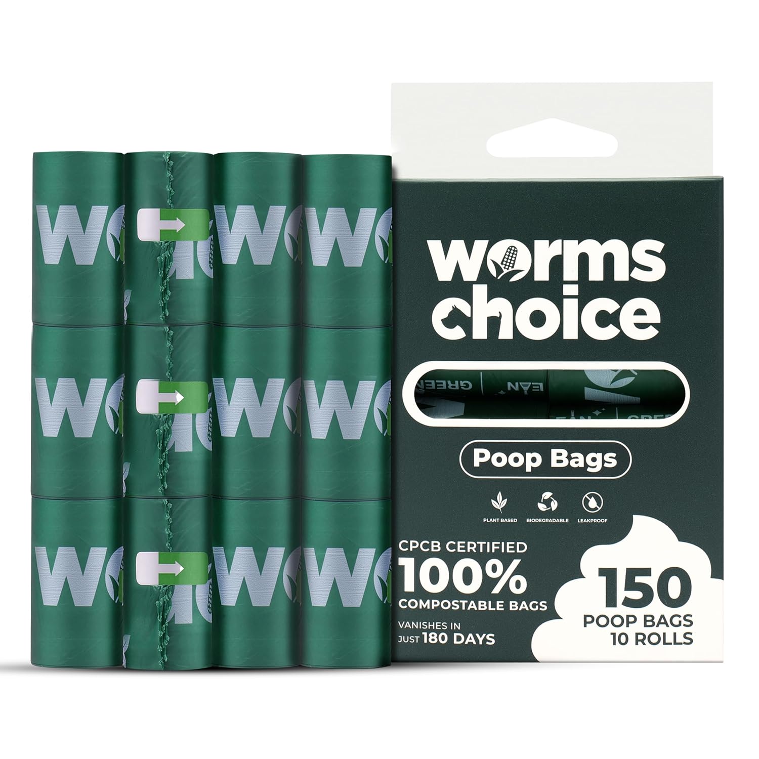 WORMS CHOICE Poop Bags for Dogs – CPCB Certified Biodegradable Dog Poop Bags – Large Pet Poop Bag for Big and Small Dogs – 150 Count, Green (Plastic Out, Nature In)