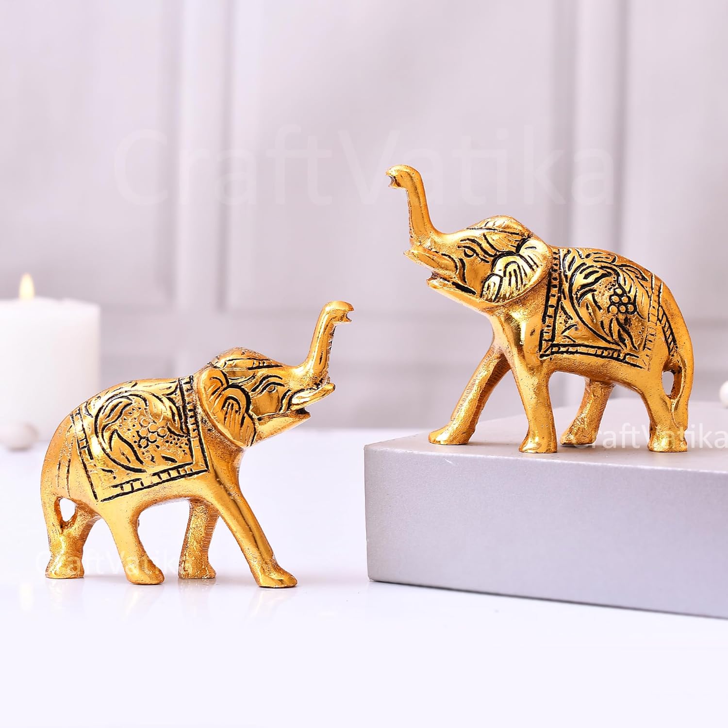 Amazon Brand – Umi Set of 2 Trunk Up Elephant Decorative Items for Home, Show Pieces for Home Decor,Elephant Decorative Items for Living Room,Showpiece Decorative Gift Items, Artifacts for Home Decor