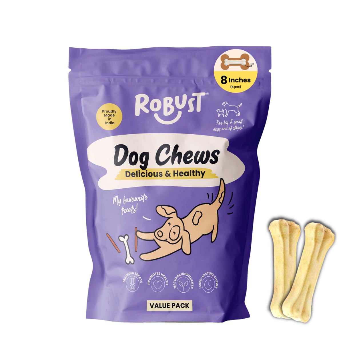Robust Long Lasting All-Natural Dog Chew Bones – 8 inches (4 Units) | Premium Compressed Rawhide Chews for Small, Medium & Large Dogs | Healthy & Digestible Rawhide Bones to Improve Oral Health