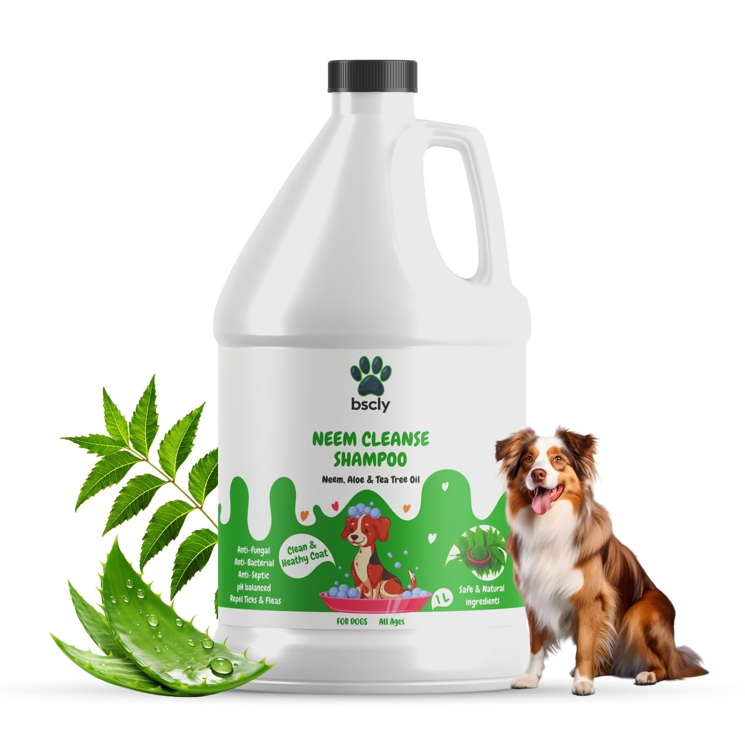 Bscly Neem Pet Herbal Shampoo 1000Ml – Ticks & Fleas Prevention, Enriched with Aloe & Coconut Oil, Ph Balanced Dog Shampoo, Heals Skin, Suitable for Pomeranians to Golden Retrievers