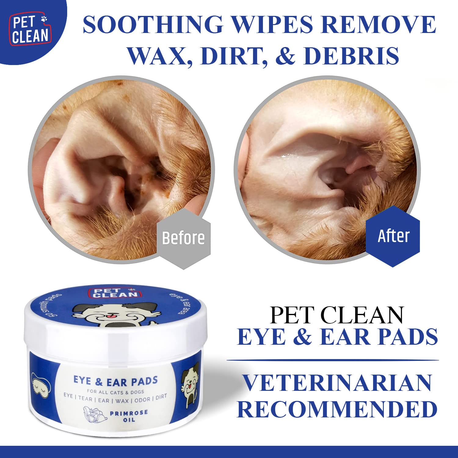 Pet Clean Primrose Oil Eye & Ear Pads – Gentle Care for Dogs & Cats – 50 Count (Pack of 1)