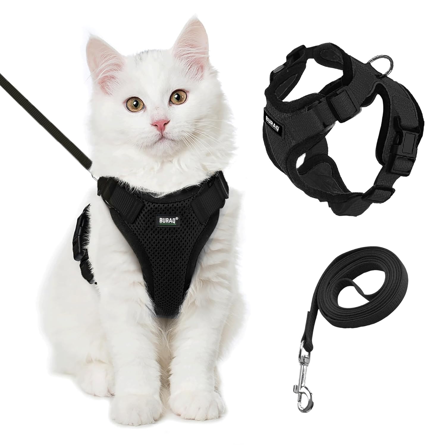 Buraq No Pull Cat Harness with Leash, Escape Proof, Ultra-Light Weight, Air Mesh Fabric, Aesthetic Design Adjustable Cat Leash with Harness (S – Black)