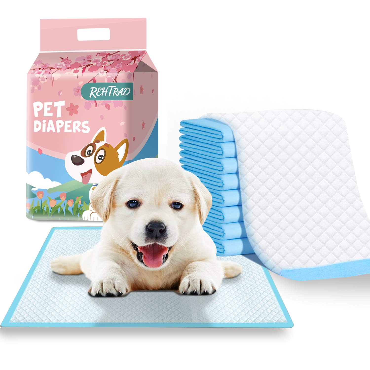 REHTRAD Pack of 50 Pee Pads for Dogs，Pet and Puppy Training Pads，Water Proof Dog Pee pad- 45 x 60CM (Pack of 50, M：45 x 60cm)