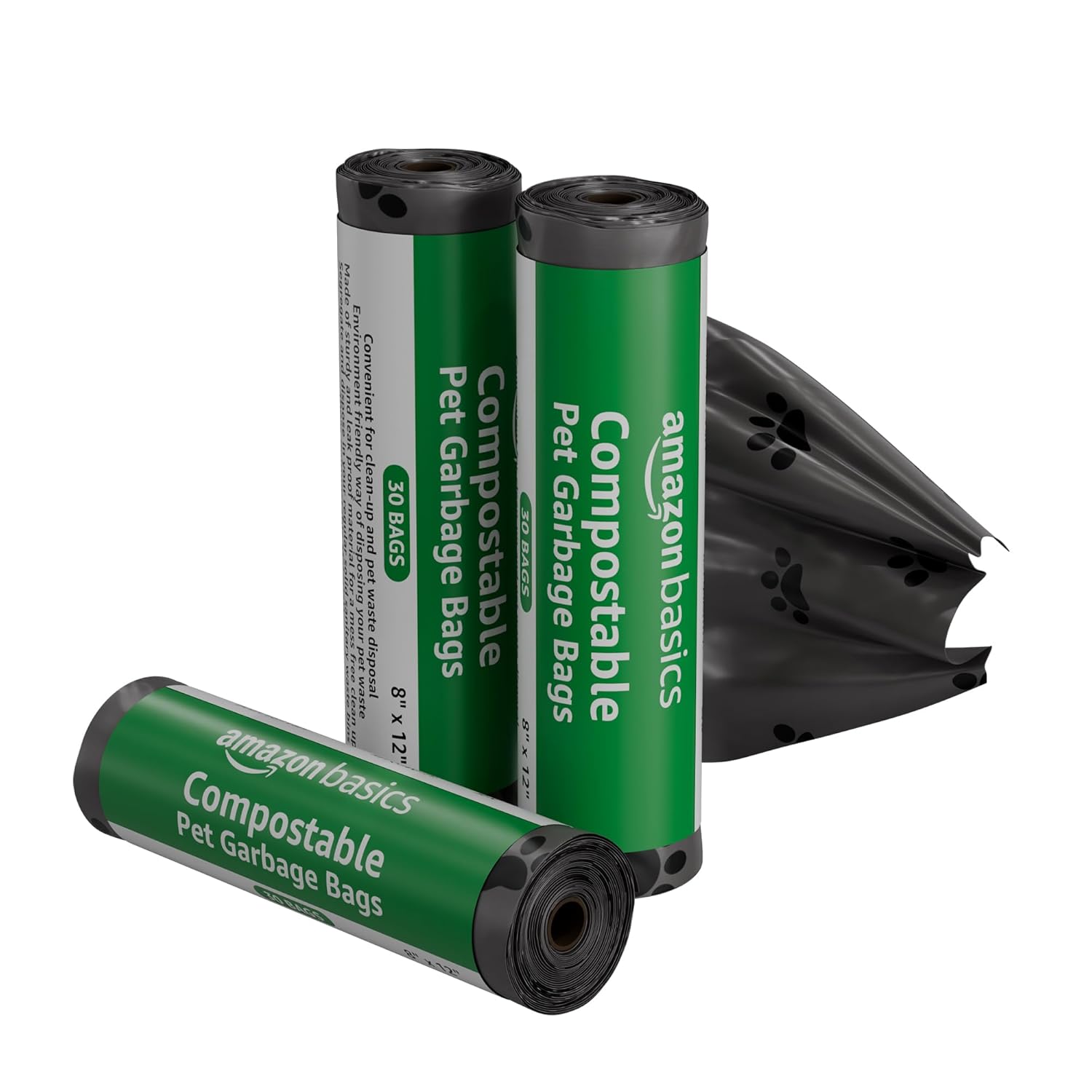 Amazon Basics Compostable Dog Poop Bags | 90 Bags | 30 Bags x 3 Packs | Black | 8 in x 12 in | Leak-Proof | Extra-Thick and Durable | Easy-Tear Perforations | Environment Friendly