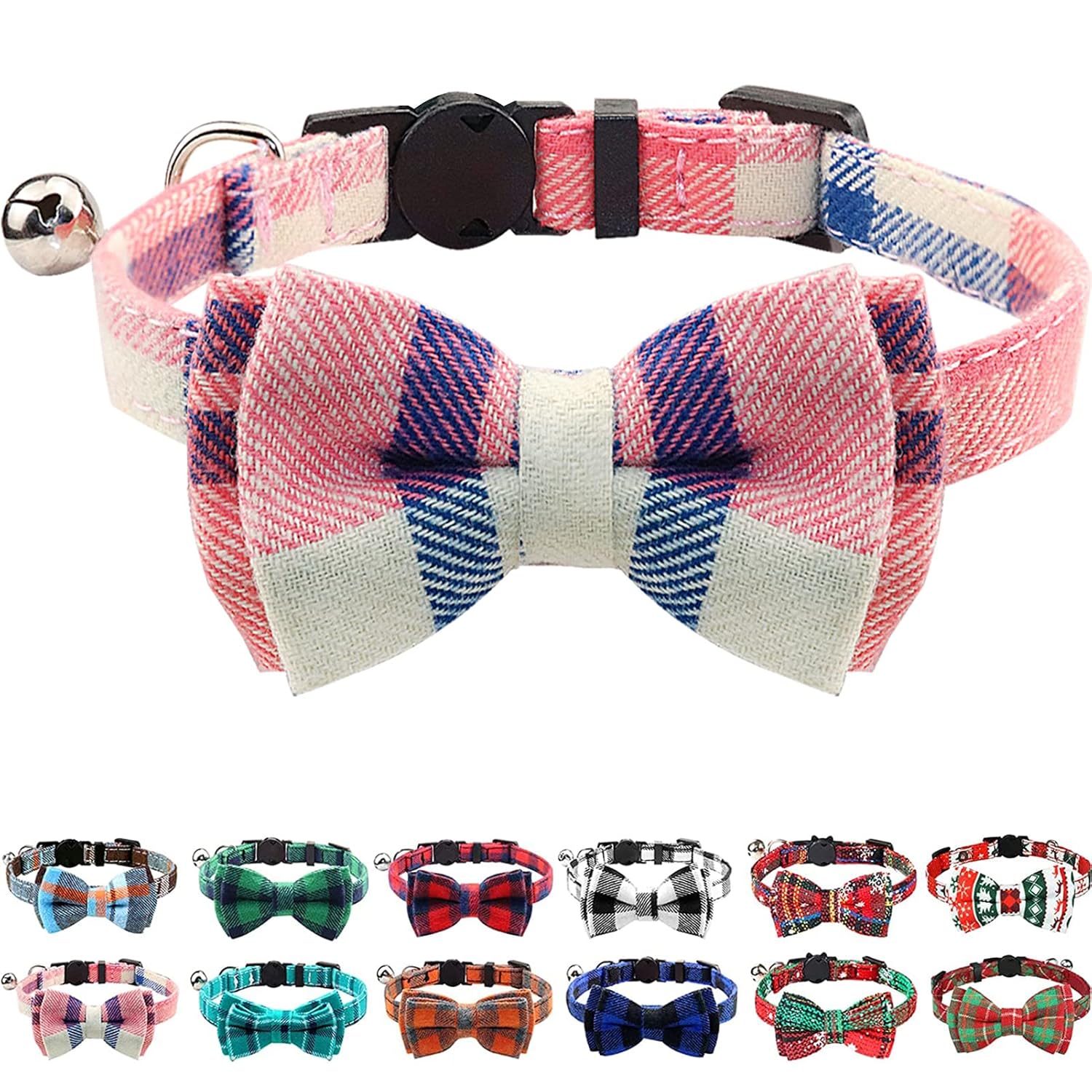 Joytale Breakaway Cat Collar with Cute Bow Tie and Bell, Plaid Patterns, 1 Pack Kitty Safety Collars,Pink