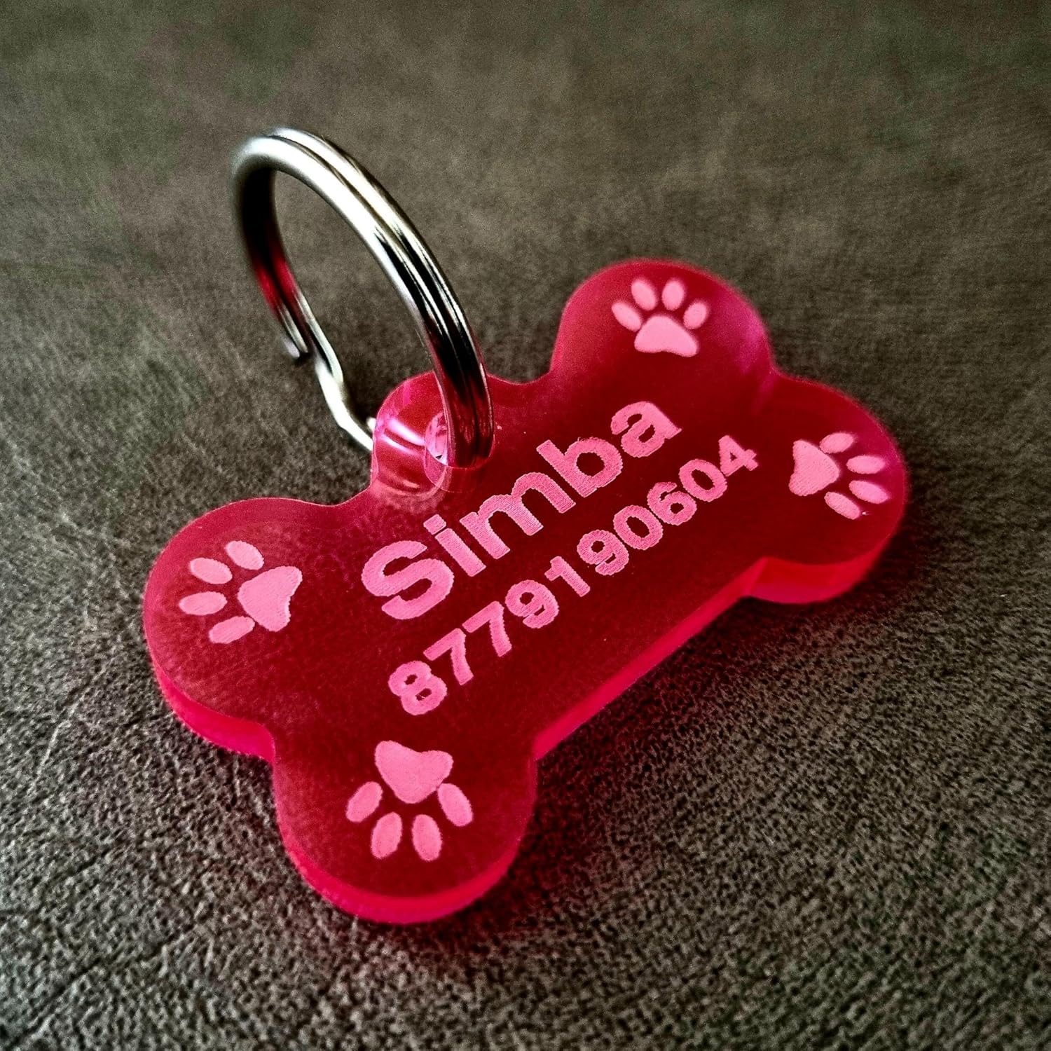 PALLY Pets’ Products Waterproof Acrylic Bone Shape Customized Cat or Dog Name Tag for Pet ID, Fluorescent Cherry, Water-Proof, Rust-Proof Acrylic Personalized Dog Collar Tag