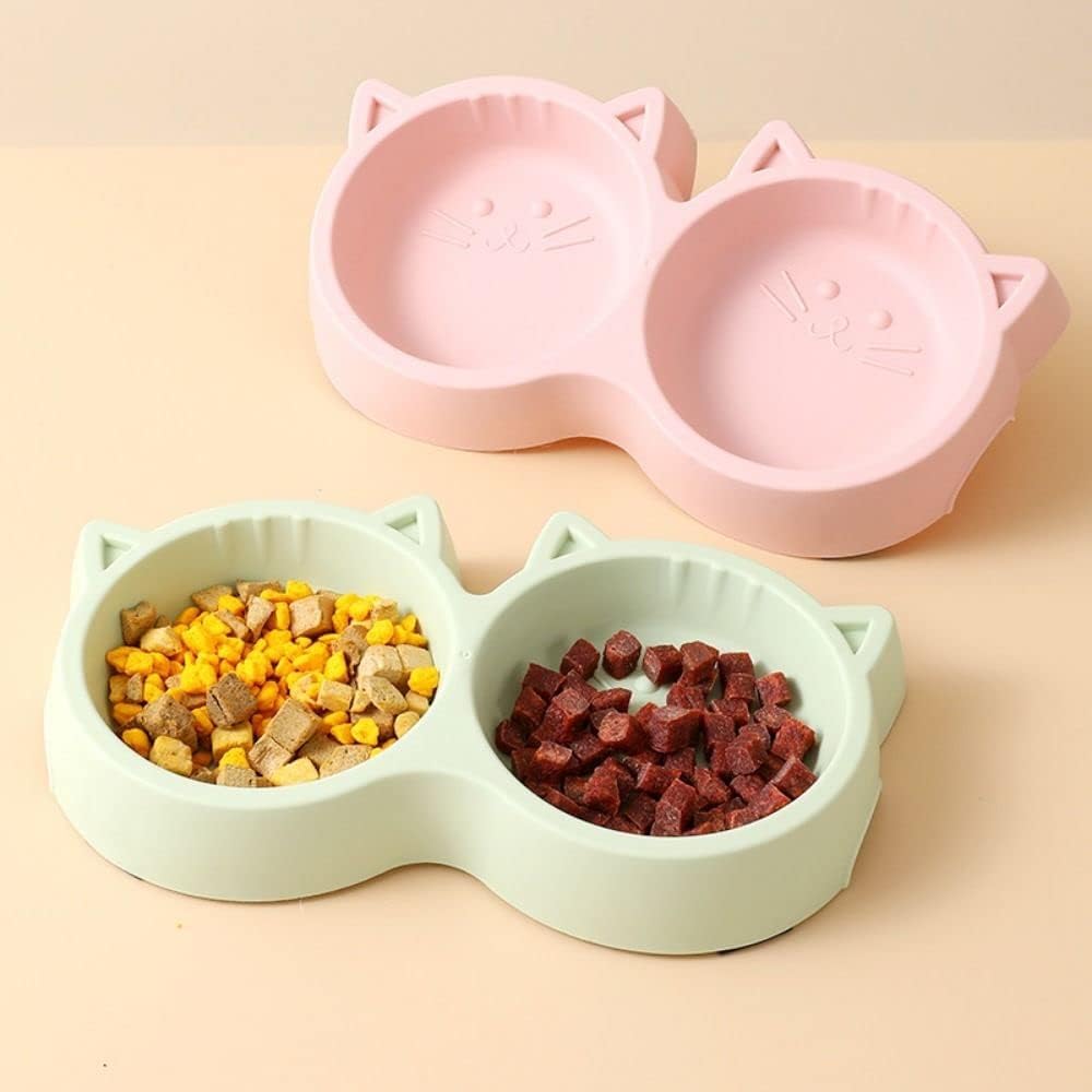 Foodie Puppies Non-Slip, Non-Toxic Pet Feeding Plastic Cat Face Shaped Double Bowl Food & Water Feeder 2-in-1 Bowl for Dogs, Puppies, Cats & Kittens (Color May Vary)