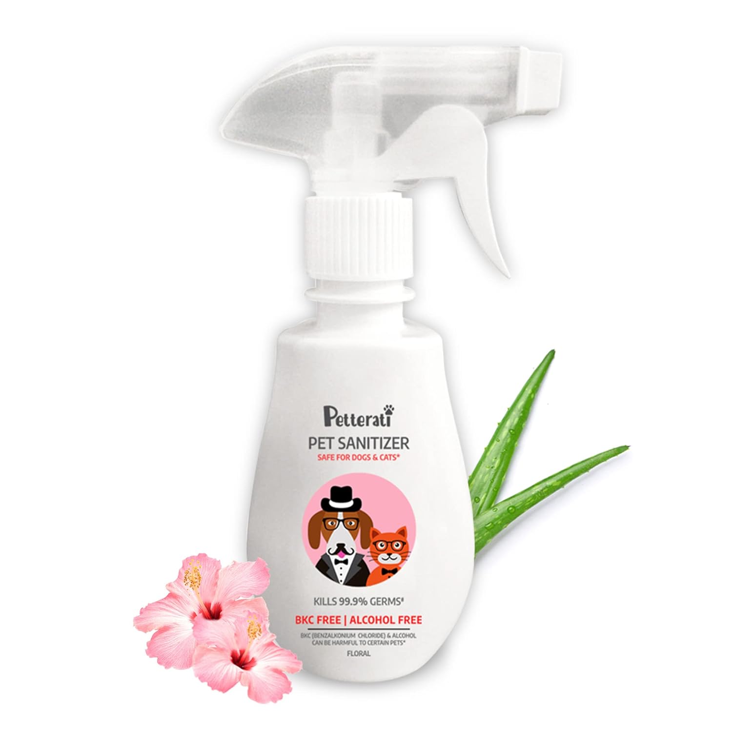 Petterati Pet Sanitizer: Floral (250ml) – BKC & Alcohol Free, Safe for Dogs & Cats. Kills 99.9% Germs, Enriched with Aloe Vera & Vitamin E, Gentle on Fur & Paws