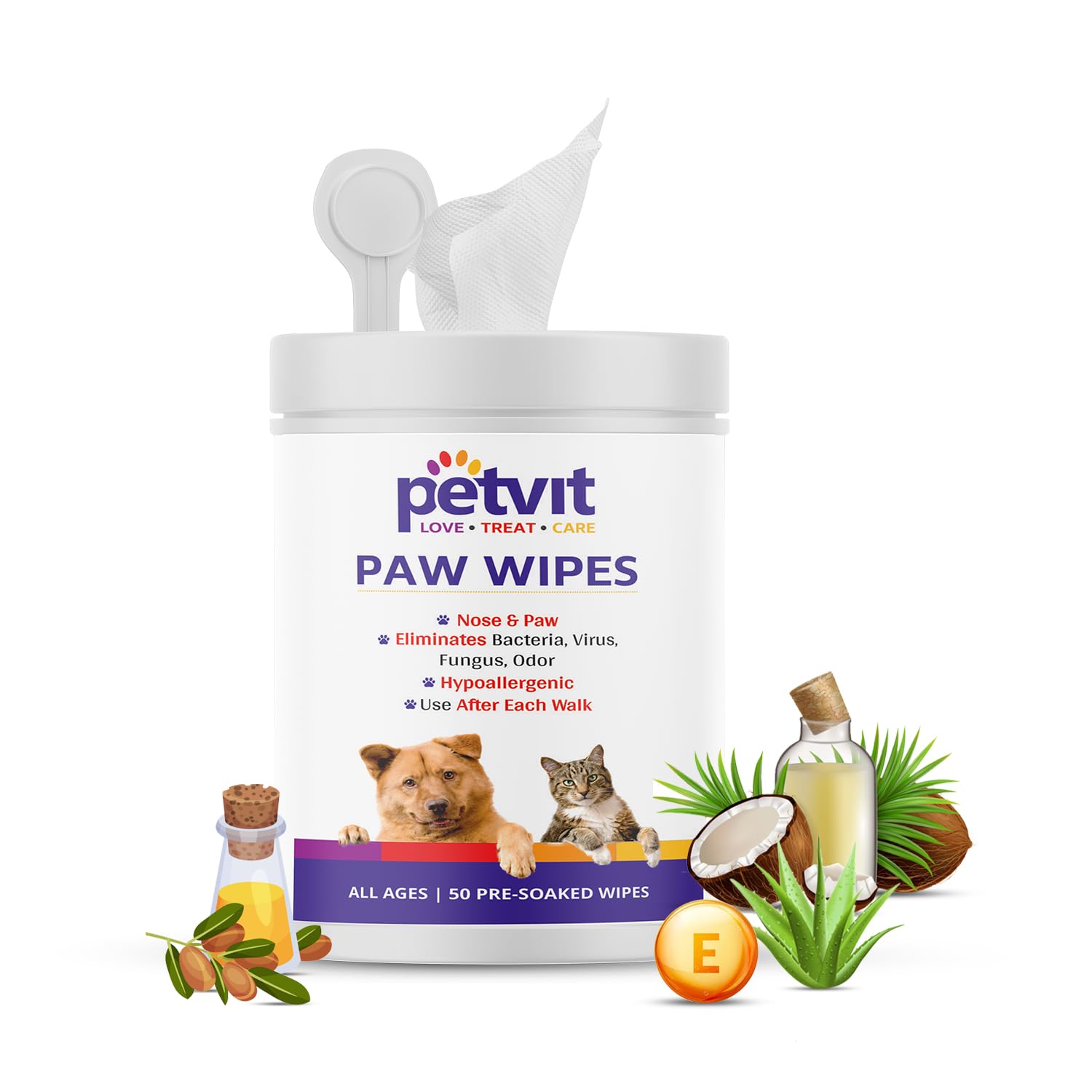 Petvit Pet Wipes for Dogs | Dog Wipes for Cleaning Nose and Paws | Natural Wet Wipes for Dog Grooming | Fresh Scent | Easy to Use | All Dog Breeds | Vitamin Enriched | Pack of 1 | 50 Wipes