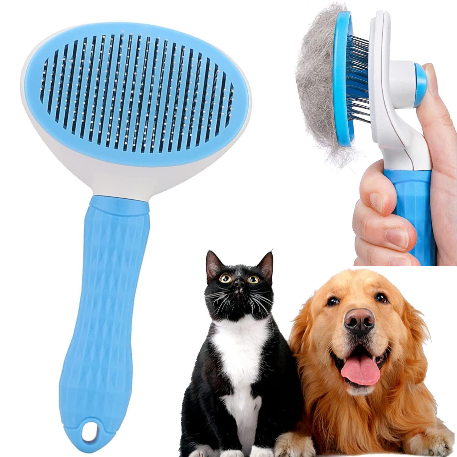 VETMOC Self Cleaning Slicker Brush, Pet Grooming Shedding Brush for Dogs and Cats – Easy to Remove Loose Undercoat, Pet Massaging Tool Suitable for Pets with Long or Short Hair multi