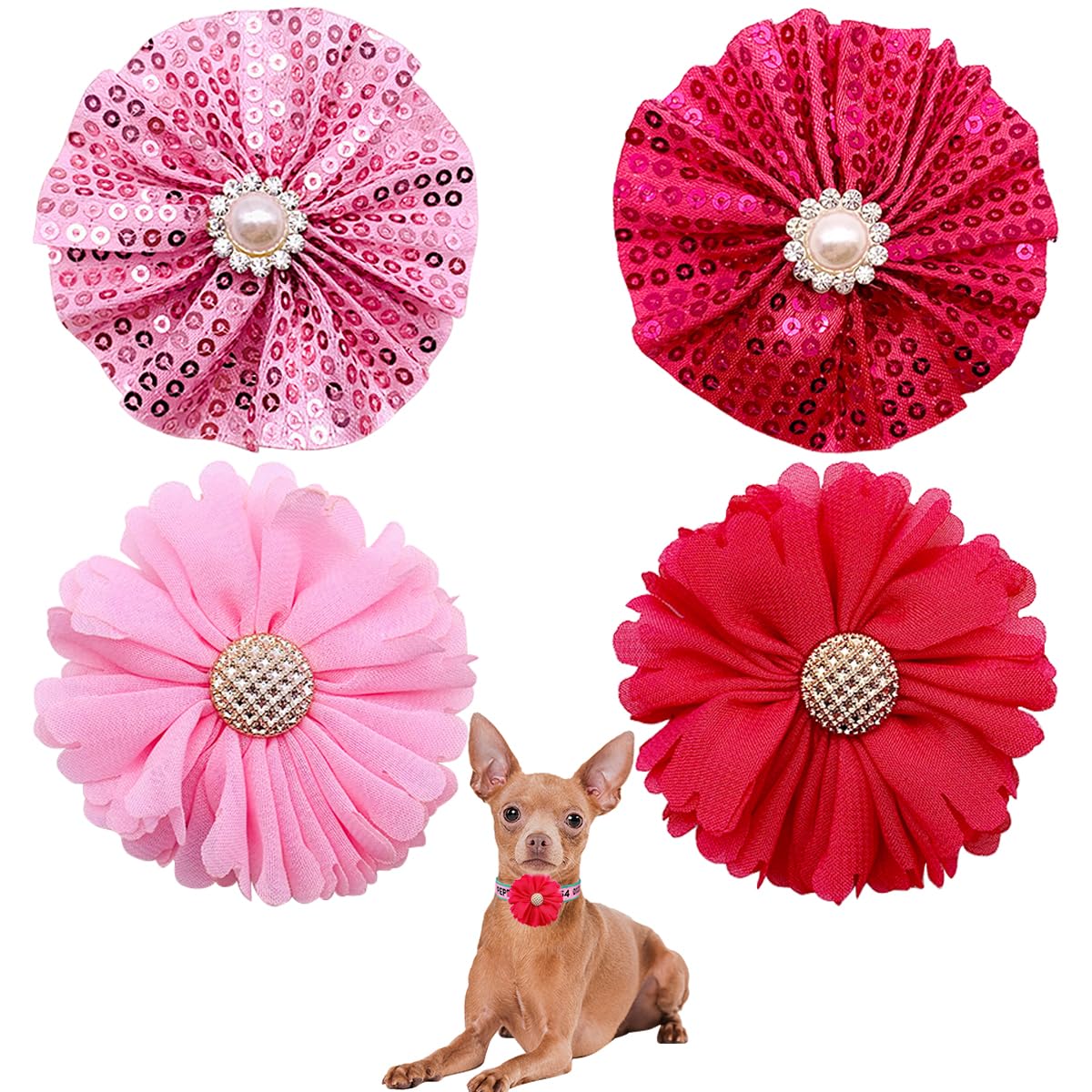 PET SHOW 4pcs Dog Flowers Collar Charms Slides Attachment Accessories for Small Medium Large Dogs Cat Puppy Bows Grooming Supplies