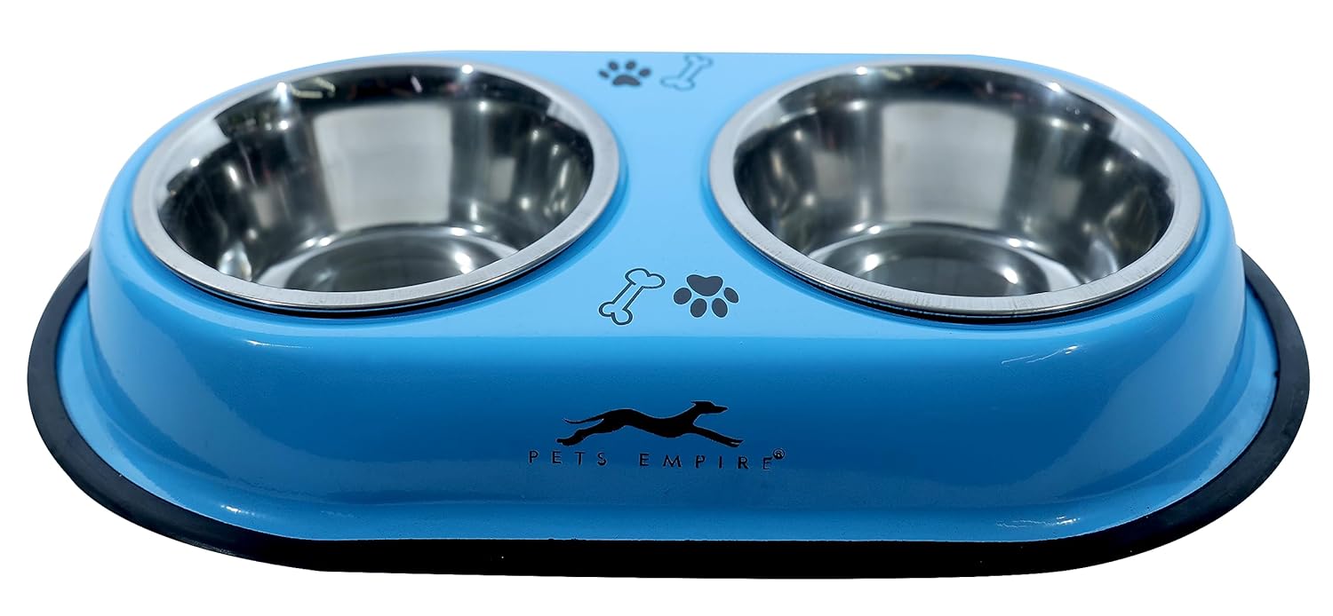 Pets Empire Cat Food Bowls, Feeder Double Diner Stainless Steel Pet Bowl, Utensils Bowl for Pets Feeding, Anti Slip Mat 2 X 200ml (Color May Vary)