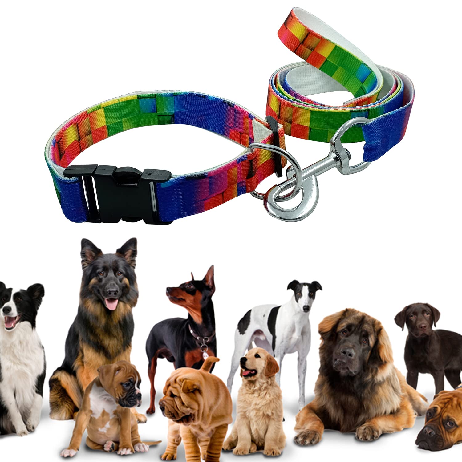 Jainsons Pet Products Dog Rainbow Leash and Collar Set, Nylon Pet Leash with Matching Adjustable Collar for Small Medium and Large Dogs, Leash and Collar for Dog Puppy Cat (20 MM Leash Collar) Jainsons Pet Products Dog Rainbow Leash and Collar Set, Nylon Pet Leash with Matching Adjustable Collar for Small Medium and Large Dogs, Leash and Collar for Dog Puppy Cat (20 MM Leash Collar)