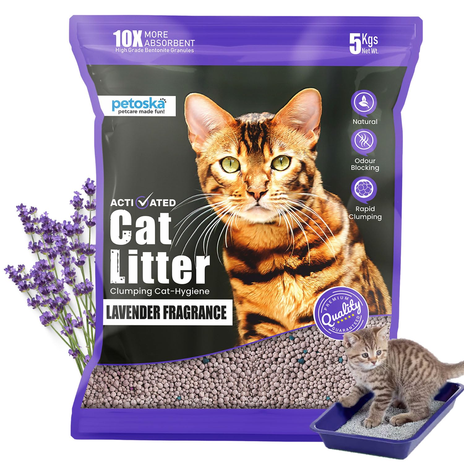 PETOSKA Activated Cat Litter- 5Kg | Lavender Fragrance | Scoopable Bentonite Clay Cat Litter | Advanced Clumping Scented Litter Sand | 99.9% Dust Free | Natural | Odour Control