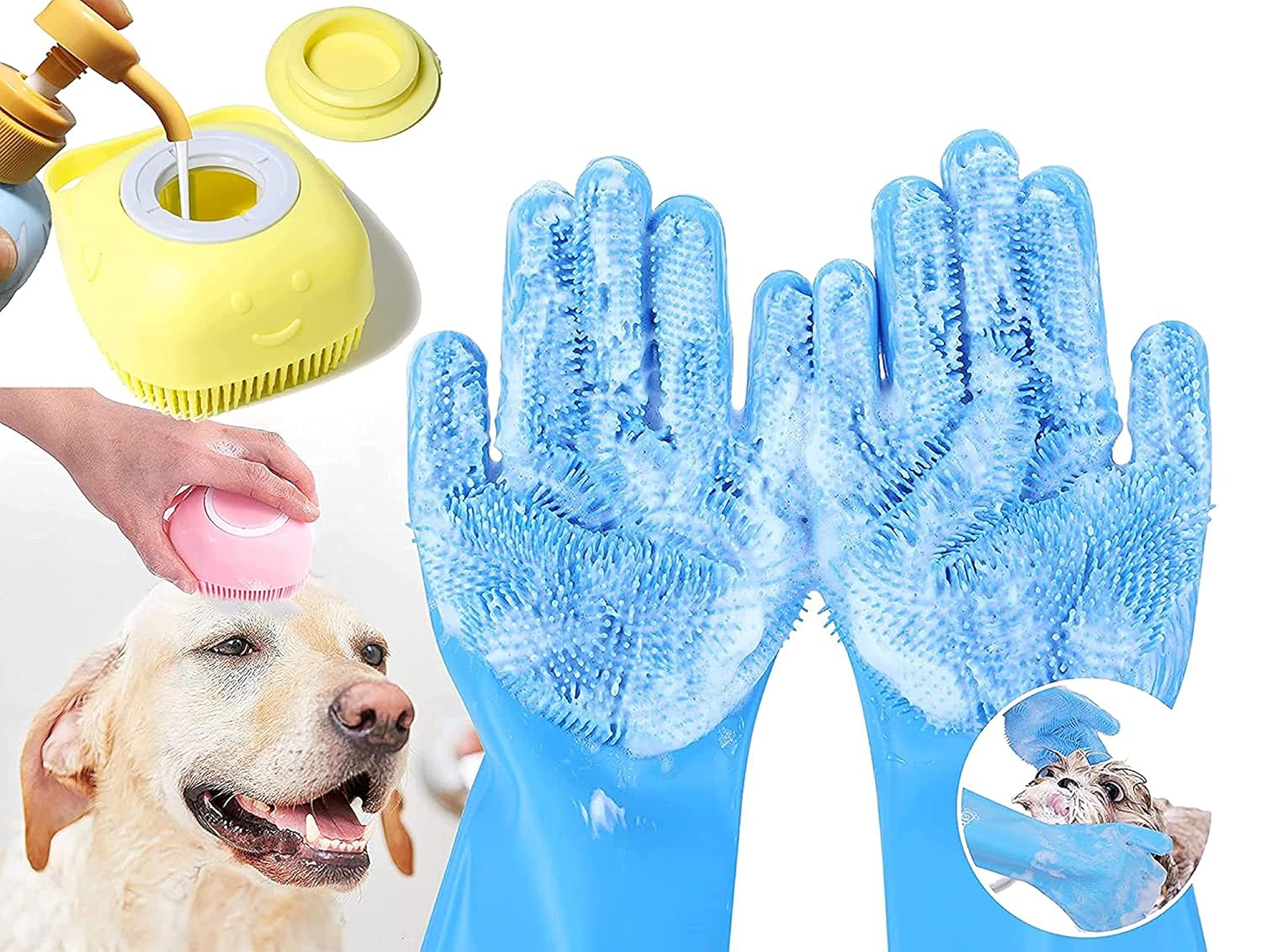Styllent Pack Of 2 Dog Cats Pet Grrooming Silicon Shampoo Dispenser Brush With 1 Pair Bathing Gloves Soft Bristle For Soothing Scrubber Massage Shower Use Clean Loose Hair Fur For Dogs Pets