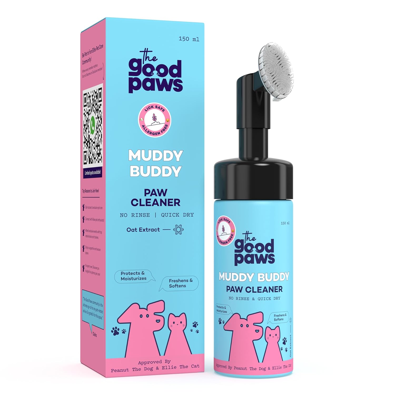 The Good Paws Muddy Buddy Paw Cleaner for Dogs & Cats, No Rinse Foaming Cleanser, Quick Dry, Lick Safe, Allergen Free, Protects & Moisturizes, Freshens & Softens, Oat Extract, 150 ml x 2