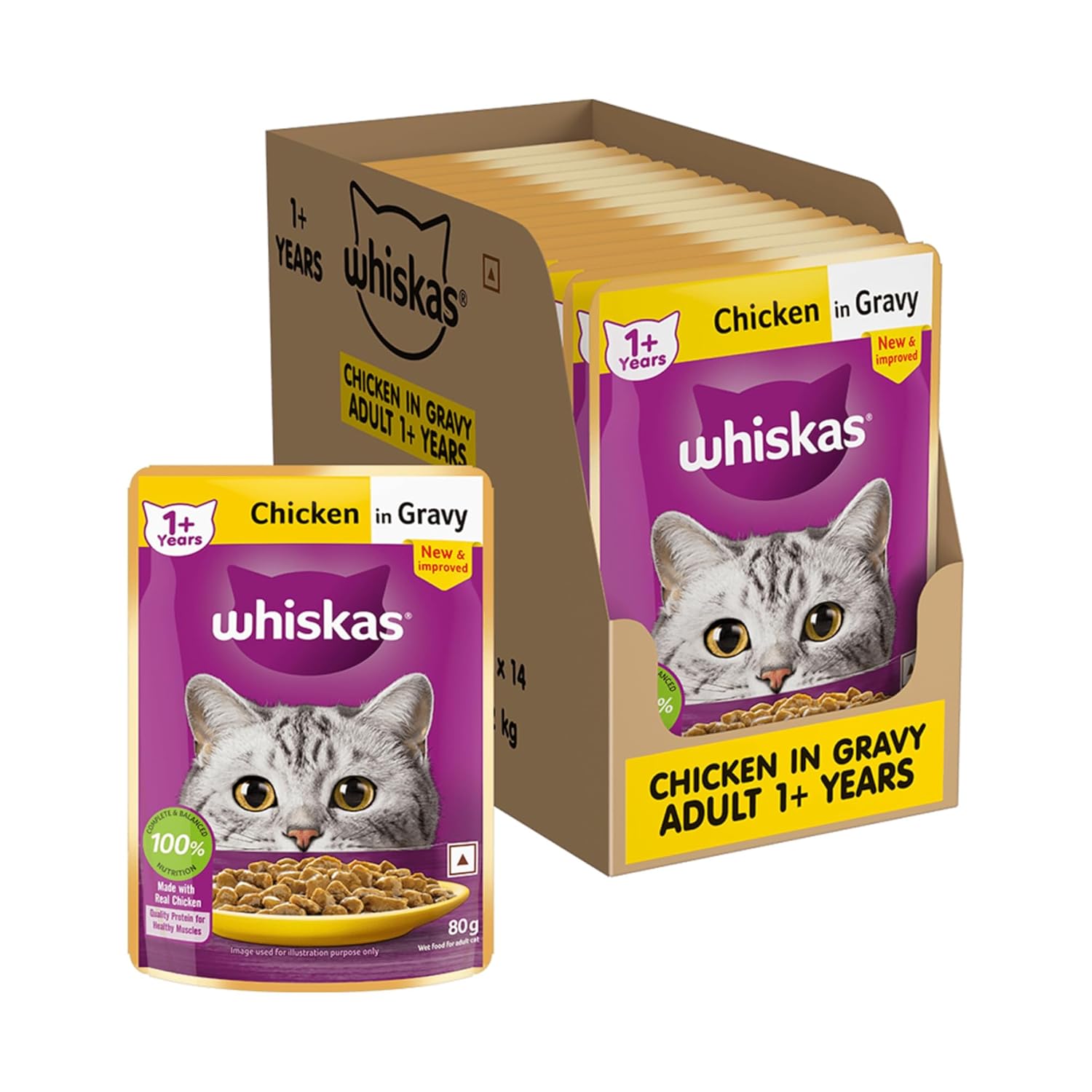 Whiskas Adult (1+ Years) Wet Cat Food, Chicken in Gravy, 80 g x 14, Hydrating Food Made With Real Chicken, 100% Complete & Balanced Nutrition for Adult Cats