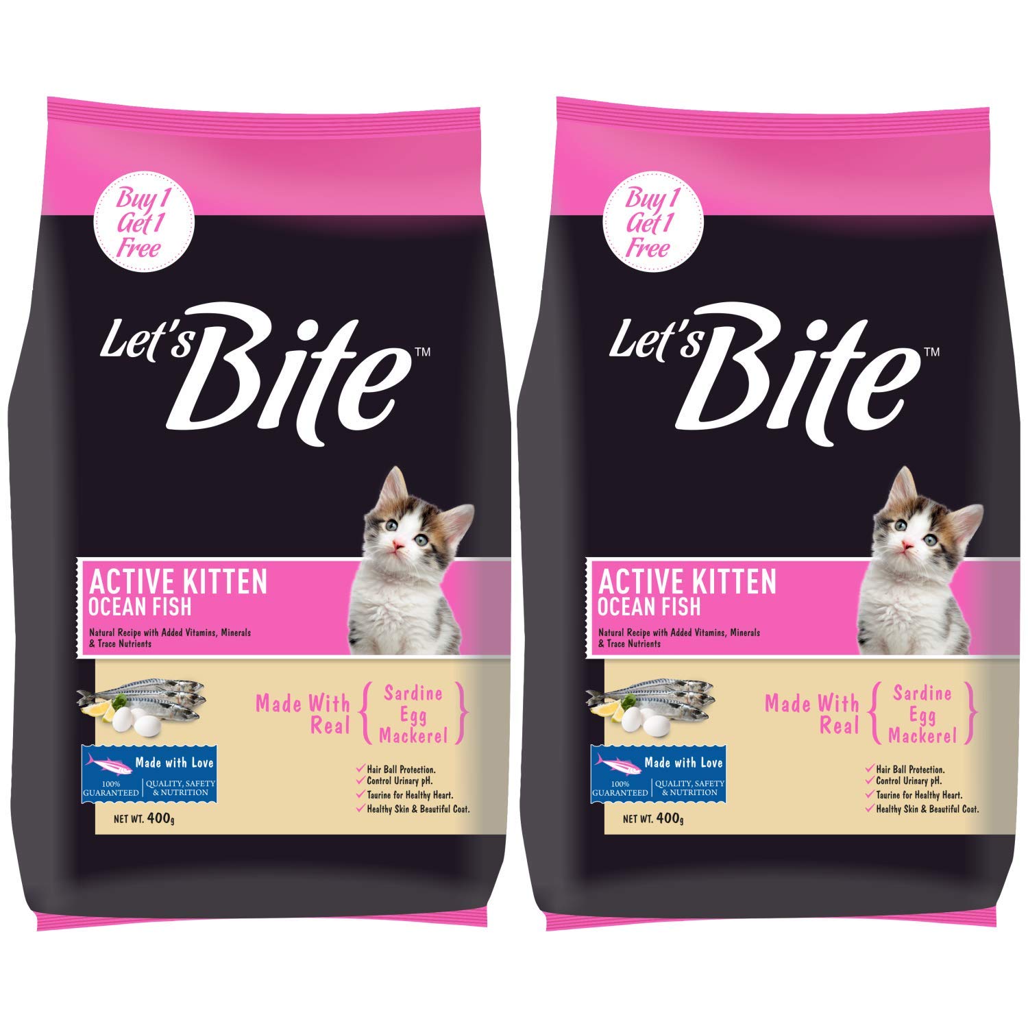 Let’s Bite Active Kitten Dry Cat Food, 400 gm (Buy 1 Get 1 Free), Total 800 g Pack