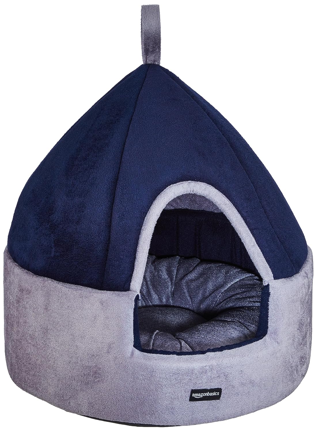 Amazon Basics Premium Soft Velvet Fabric Dual Color Pet Hut with Center Pillow | For Cats, Kittens and Small Dogs | High Density Foam | Small | Diameter 18 in, Height 18 in | Navy Blue and Grey