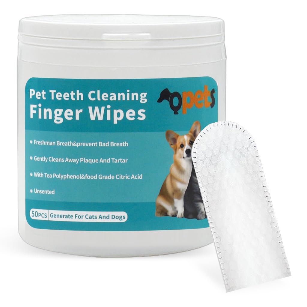 Qpets® 50 PCS Wet Wipes for Dogs, Pet Wet Wipes for Cats Dogs, Non-Woven Dog Wet Wipes for Cleaning Finger Cat Cot Grooming Wipes Suit for Pet Daily Teeth & Paw Care Cleaning Wipes
