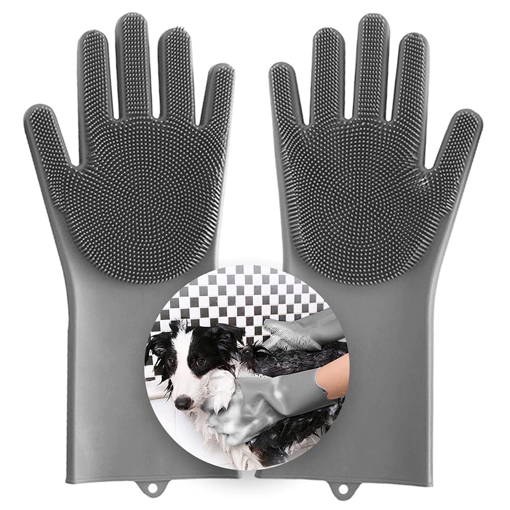 Aufew Magic Pet Grooming Gloves Dog Bathing Scrubber Gloves, Heat Resistant Eco-Friendly Silicone Hair Removal Gloves with High Density Teeth for Cats, Dogs, 2 Piece