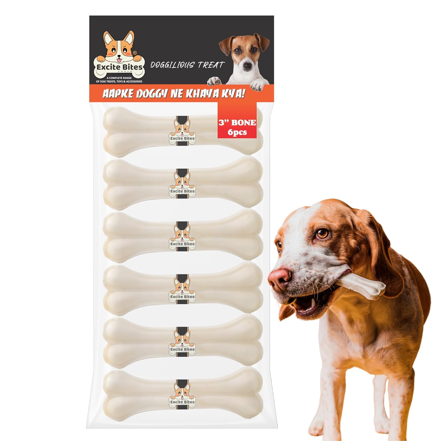 EXCITE BITES Rawhide Dog Bones | Chew Bones for Dogs | Rich in Protein & Calcium Bones for Dog | Dog Treats | Dog Gifts | Dog Bone Size 3 Inch | 6Pcs