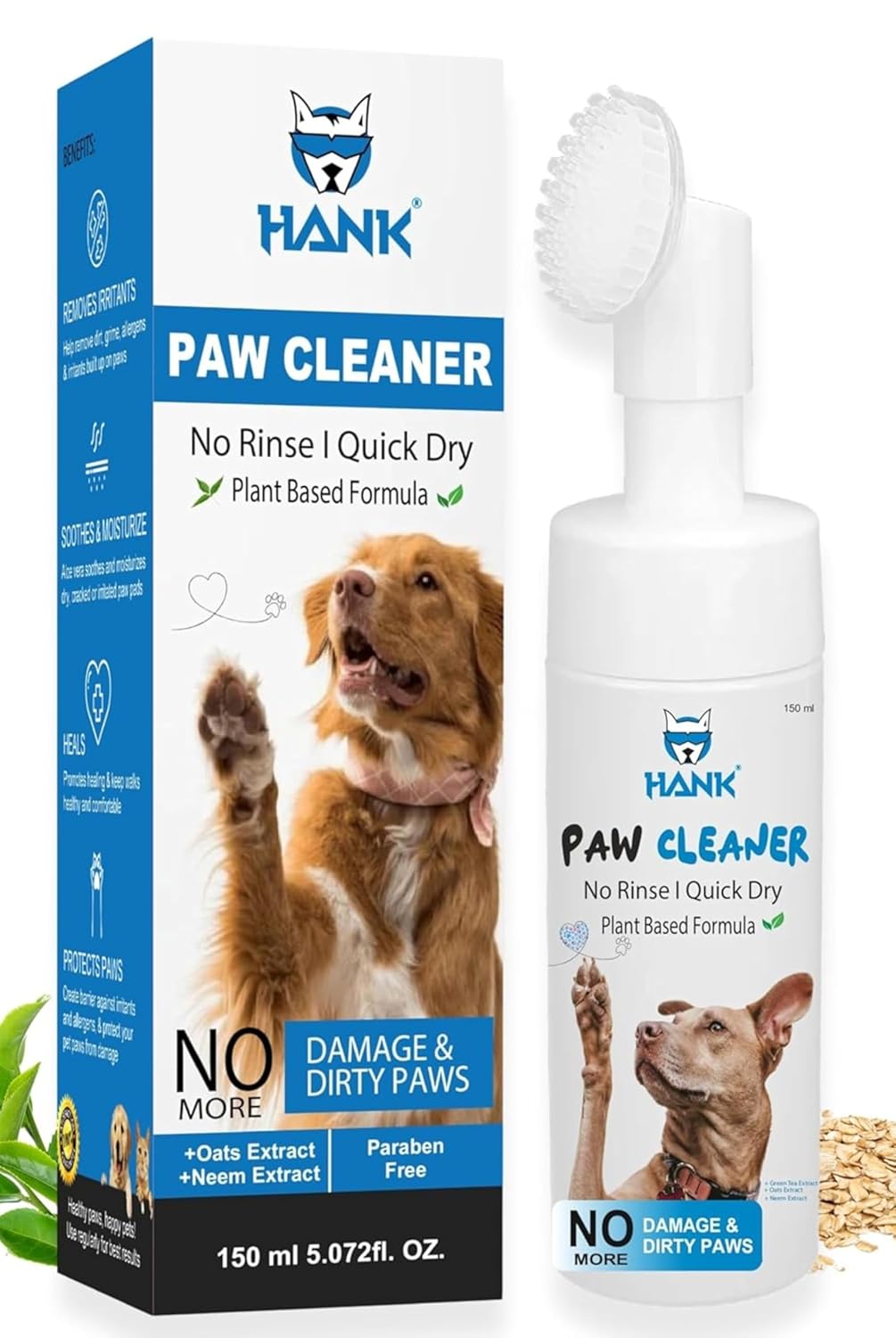 HANK Paw Cleaner for Dogs & Cats – No Rinse Foaming Cleanser – Dog Paw Protector – Pant Based Formula – PH Balanced – Quick Dry – Lick Safe – Moisturize & Deodorize – Dog Paw Cleanser – 150ml