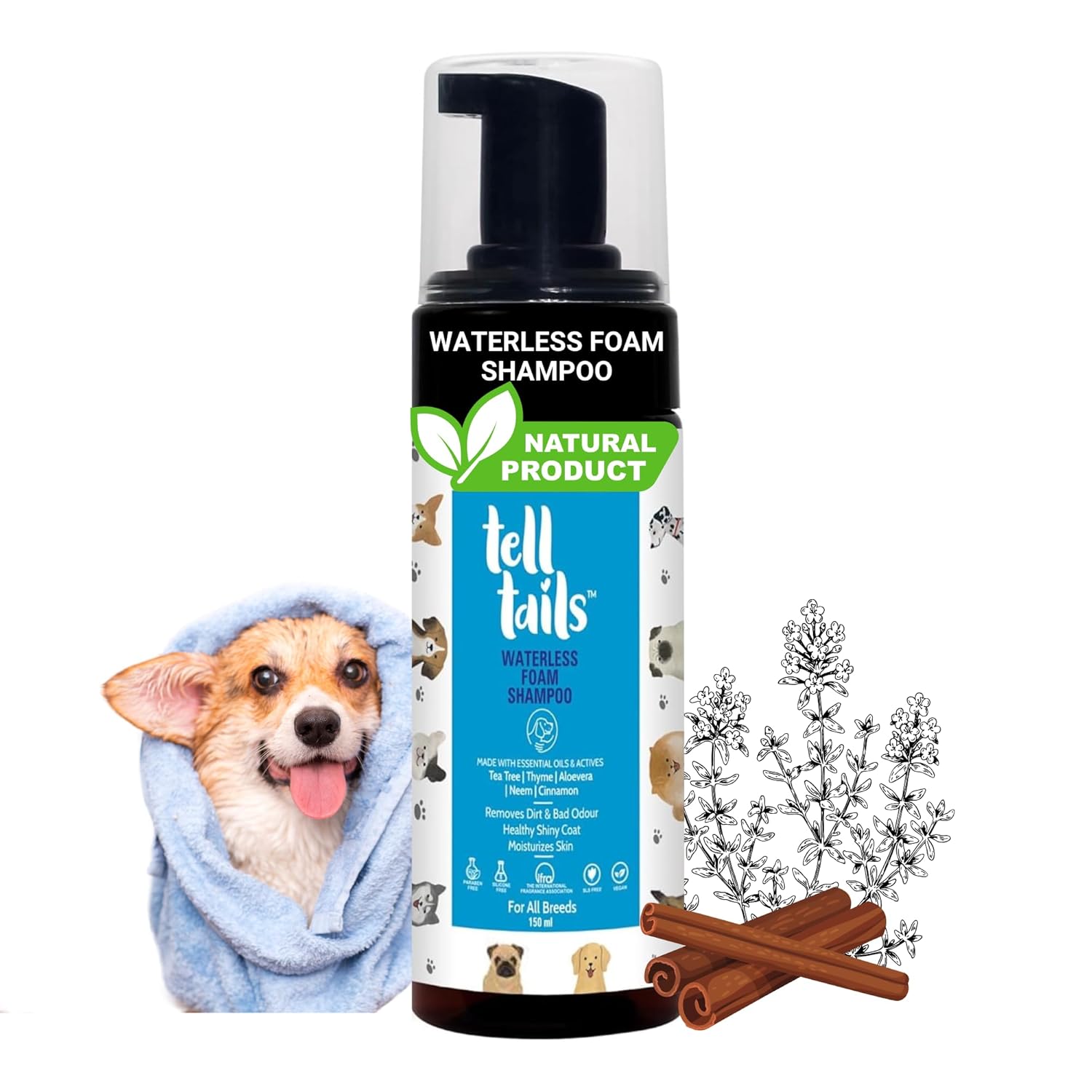 TELLTAILS Waterless Dog Shampoo | Flea, Tick & Odor Removal Moisturizes, Detangles & Adds Shine |Neem, Tea Tree, Thyme, Aloe Vera & Cinnamon |Antiseptic, Antifungal & Antibacterial |All Breeds | 150ml
