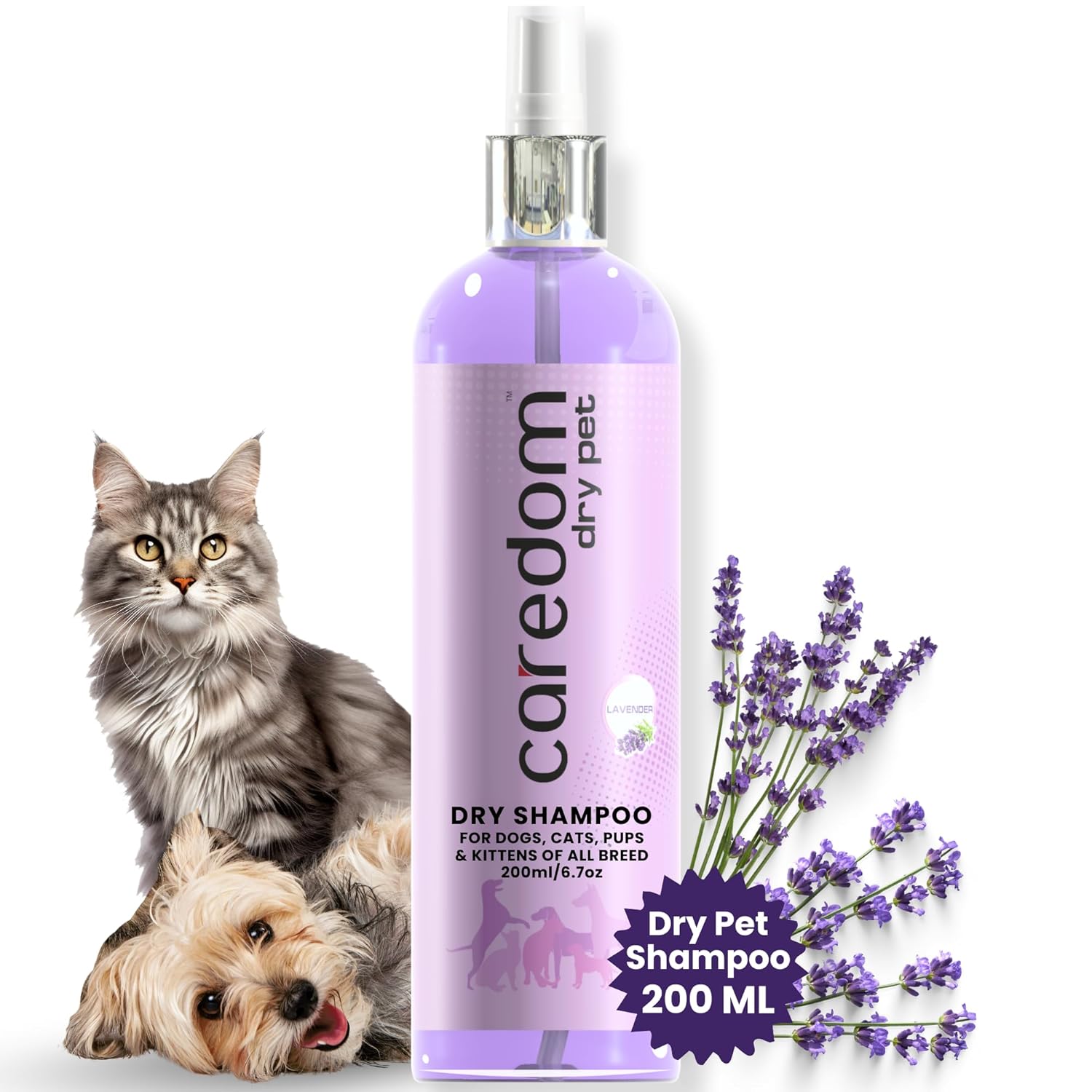 Caredom Dry Pet Shampoo | Dry Shampoo for Dogs & Cat Shampoo | Waterless Shampoo for Dogs & Cat with Lavender Scent | Dog Shampoo for Moisturizing,Cleansing & Deodorizing | Dry Shampoo Spray(200ml)