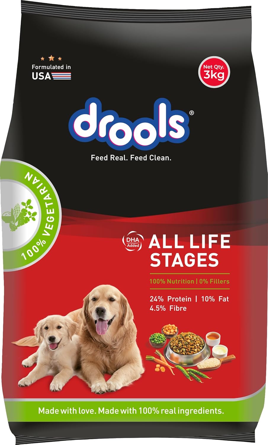 Drools Dry Dog Food All Lifestages 100% Vegetable,3Kg Pack for All Life Stages