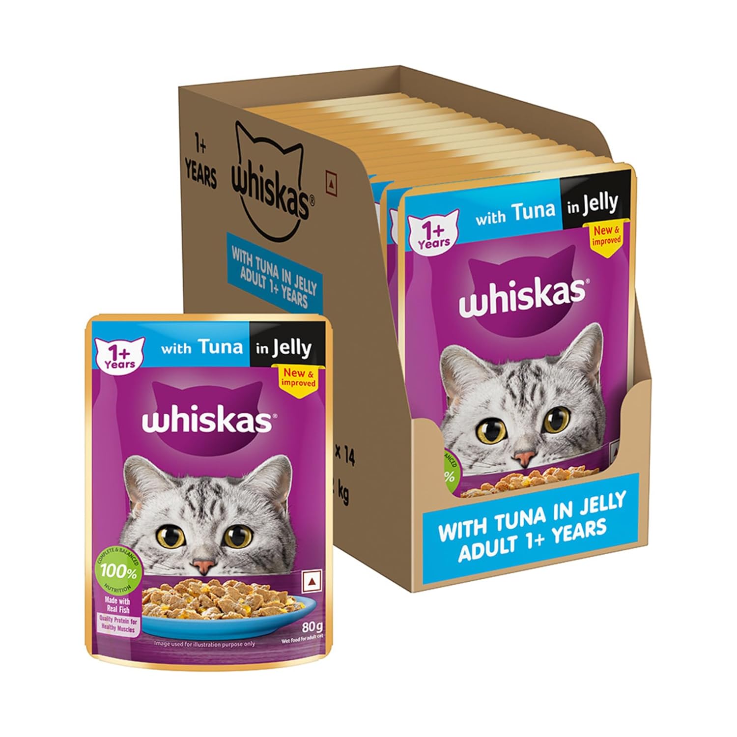 Whiskas Adult (1+ Years) Wet Cat Food, Tuna in Jelly, 80g, Pack of 14, Hydrating Food Made With Real Fish, 100% Complete & Balanced Nutrition for Adult Cats