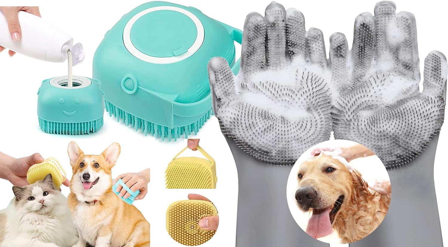 Deriz 1 pair of silicon dog bathing hand gloves + Pet Dog Bath Brush Soft Silicone Dog Shampoo Brush, Brush Hair Fur Grooming Cleaning Brush Soft Shampoo Dispenser Multi