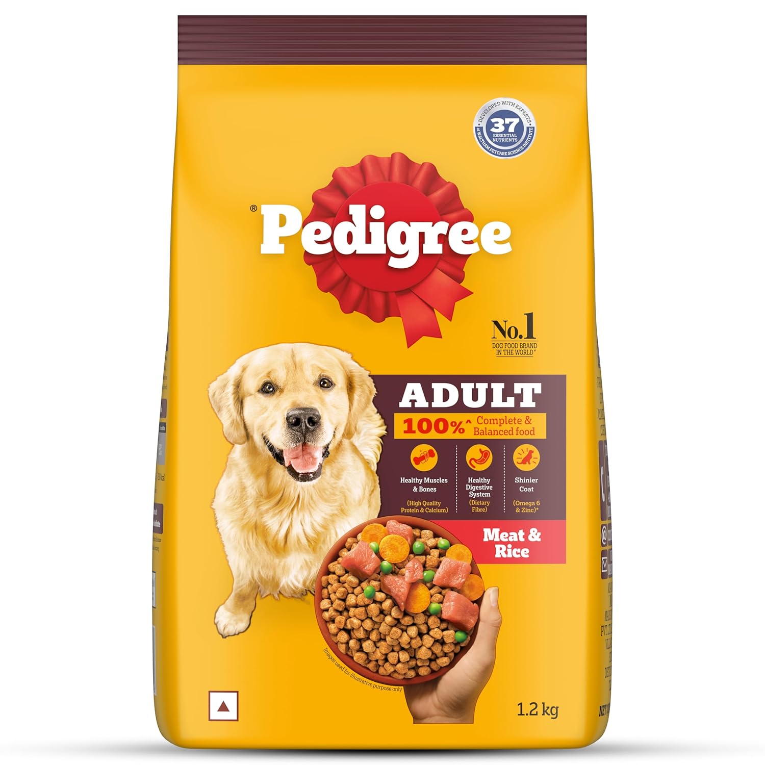 Pedigree Adult Dry Dog Food, Meat & Rice, 1.2 kg, Contains 37 Essential Nutrients, 100% Complete & Balanced Food for Adult Dogs
