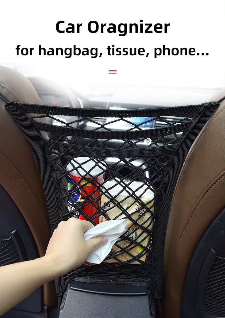 QUL Universal Car Mesh Organizer Elastic Mesh Trunk Organizer Car Seat Pocket Net Vehicle Pet Barrier & Organizer Car Net Pocket Holder (3-Layer)
