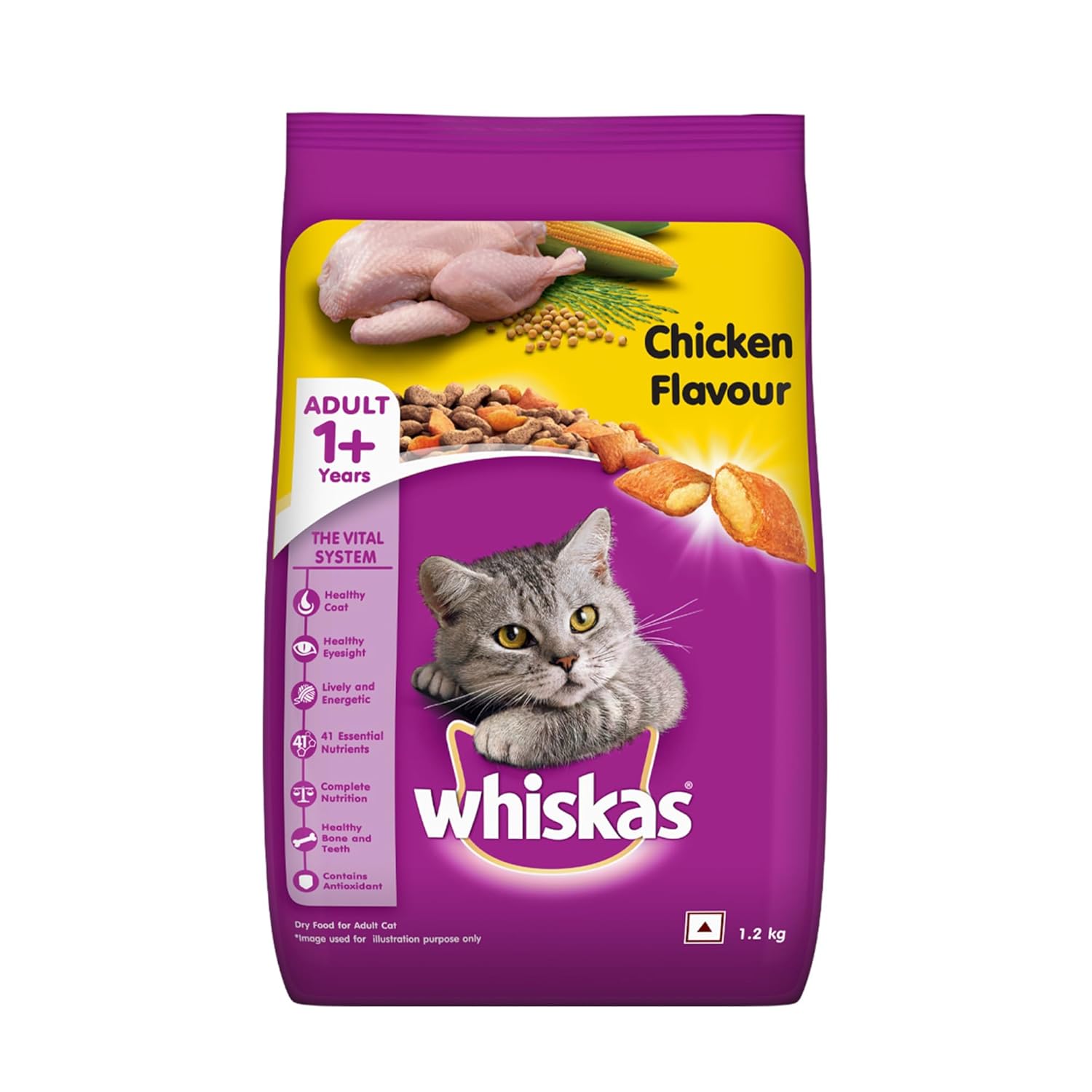 Whiskas Adult (1+ Years) Dry Cat Food, Chicken Flavour, 1.2 kg, Contains 41 Essential Nutrients, Complete & Balanced Nutrition for Adult Cats Whiskas Adult (1+ Years) Dry Cat Food, Chicken Flavour, 1.2 kg, Contains 41 Essential Nutrients, Complete & Balanced Nutrition for Adult Cats
