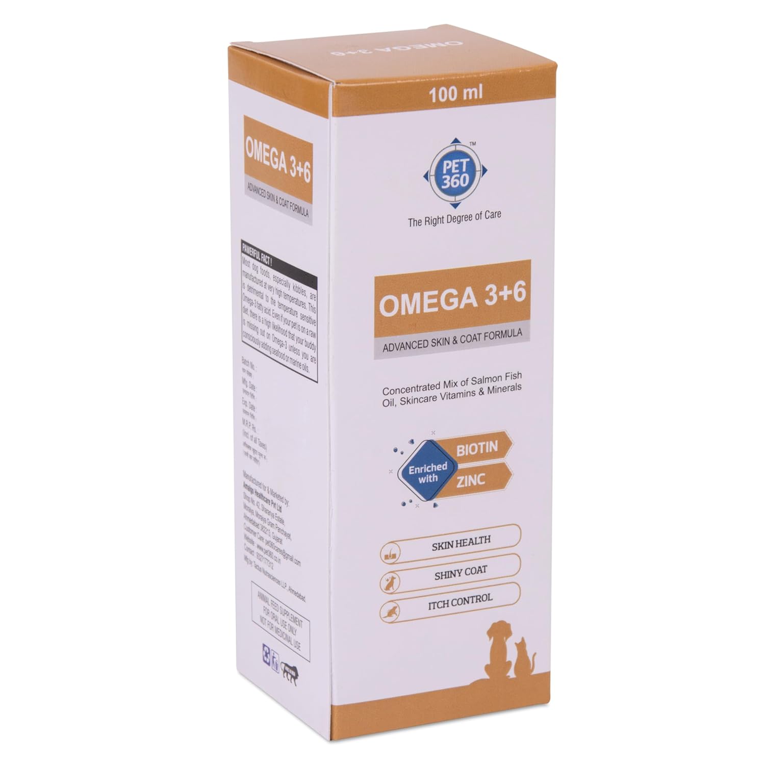 PET360 Omega 3+6 Concentrated Salmon Fish Oil for Dogs & Cats with Vitamins & Minerals | Shinier Coat, Itch & Allergy Control | Improves Skin & Hair Health | Nutritional Supplement for Pets – 100 ml