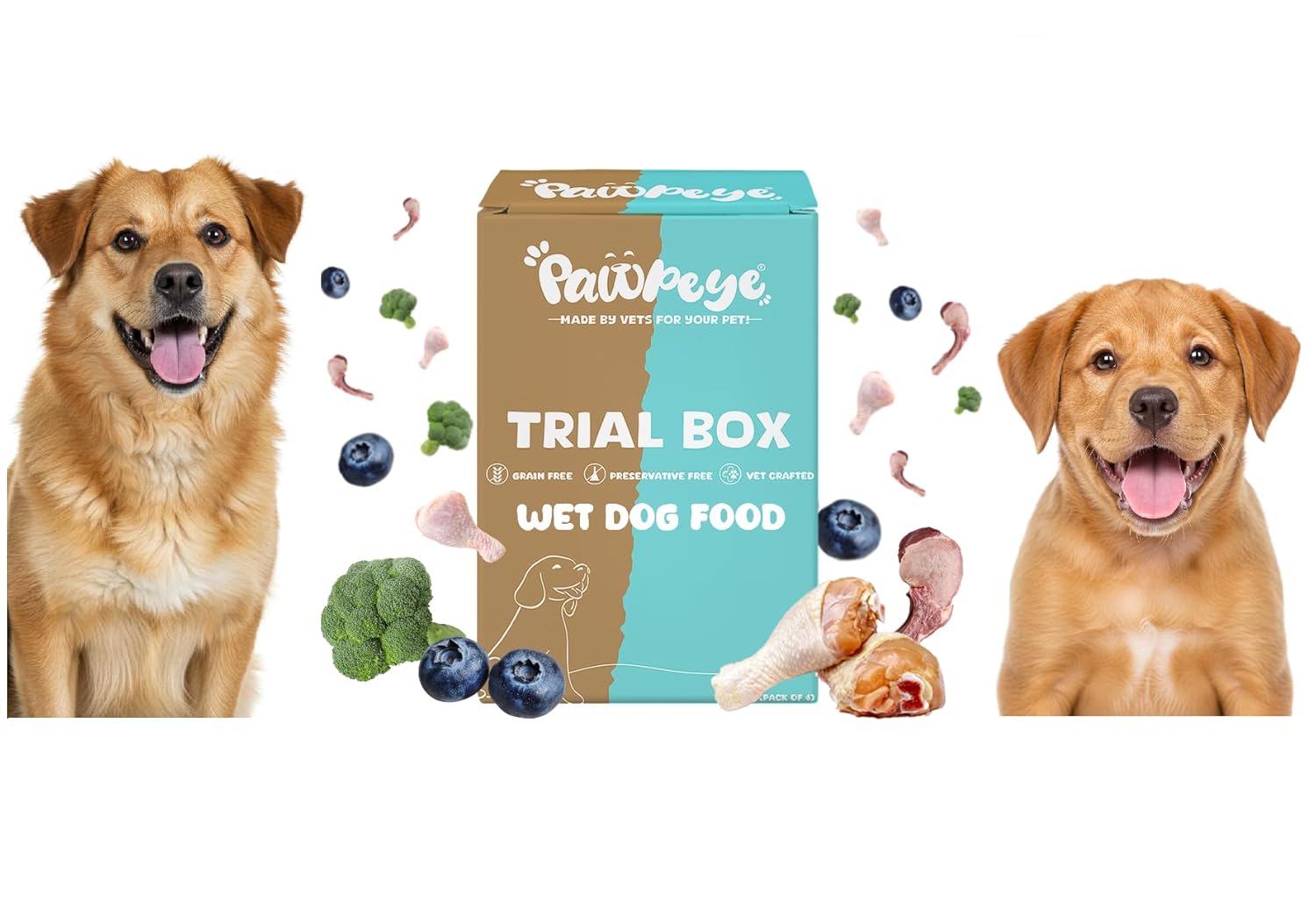 Trial Box Wet Dog Food (4 Pouches 100 gm, 2 Flavours) – Healthy Balanced Gravy for Adult & Puppy – Human Grade, No Preservatives, Gluten-Free, Grain-Free | Pawpeye – Perfect Intro to Quality Nutrition