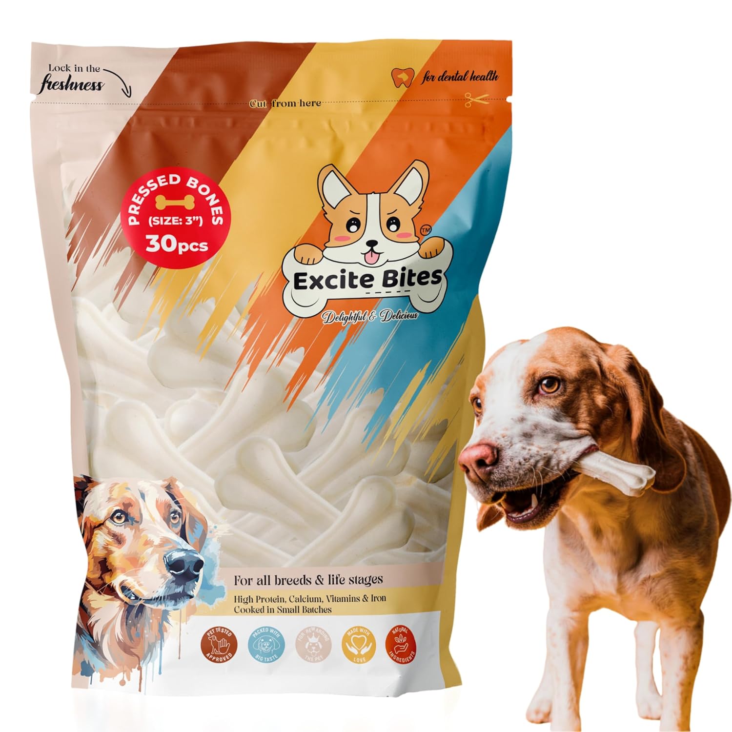 Excite Bites Pressed Rawhide Bones for Dog Treats | Dog Calcium Bone Dog Chewing Needs | 3 Inch Calcium Bone Treat for All Dogs | Dog Chew Bone (Size 3″) (30pcs, All Life Stages)