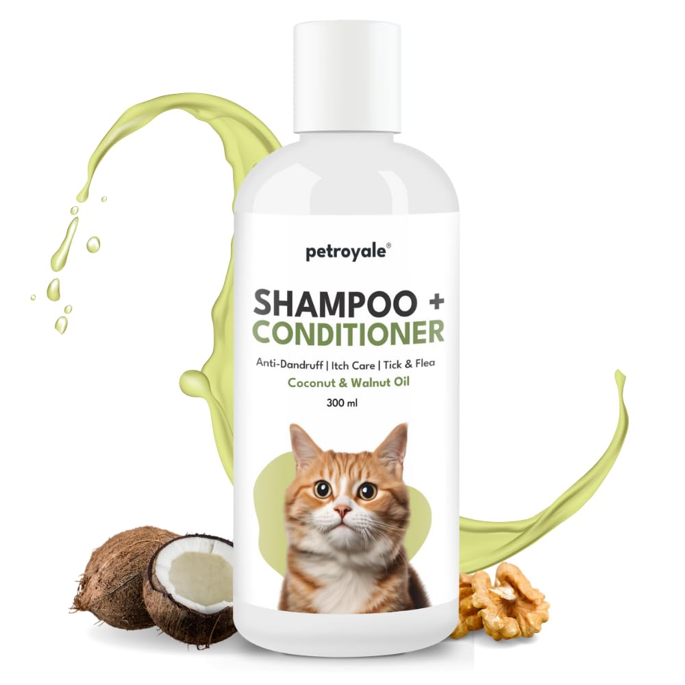 Petroyale 2-in-1 Shampoo + Conditioner for Cats – Anti-Tick & Flea – Dandruff Control – Itch Relief – Cat Shampoo with Coconut, Walnut & Aloe Vera for Healthy Skin & Coat – 300ml