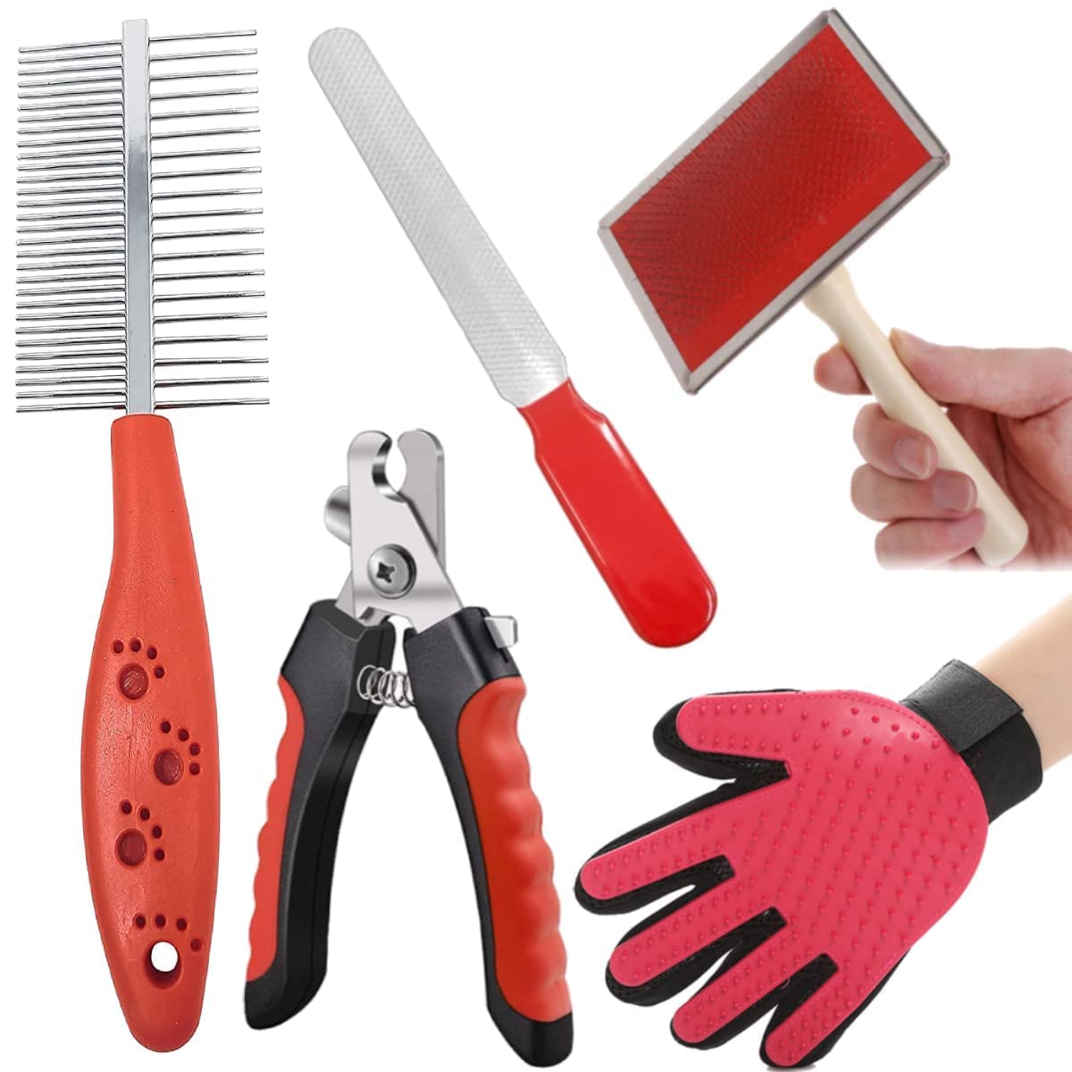 PSK PET MART Combo of 5 Dog Grooming Kit for Puppies & Dogs & Cats Pet Wood Handle Slicker Brush, Dog Nail Clippers with Filer, Pet Bath Glove Grooming,