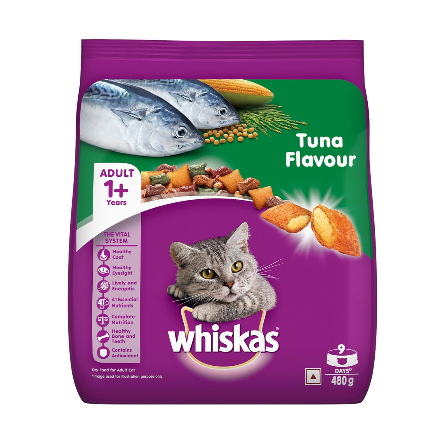 Whiskas Adult (1+ year) Dry Cat Food Food, Tuna Flavour, 480g Pack