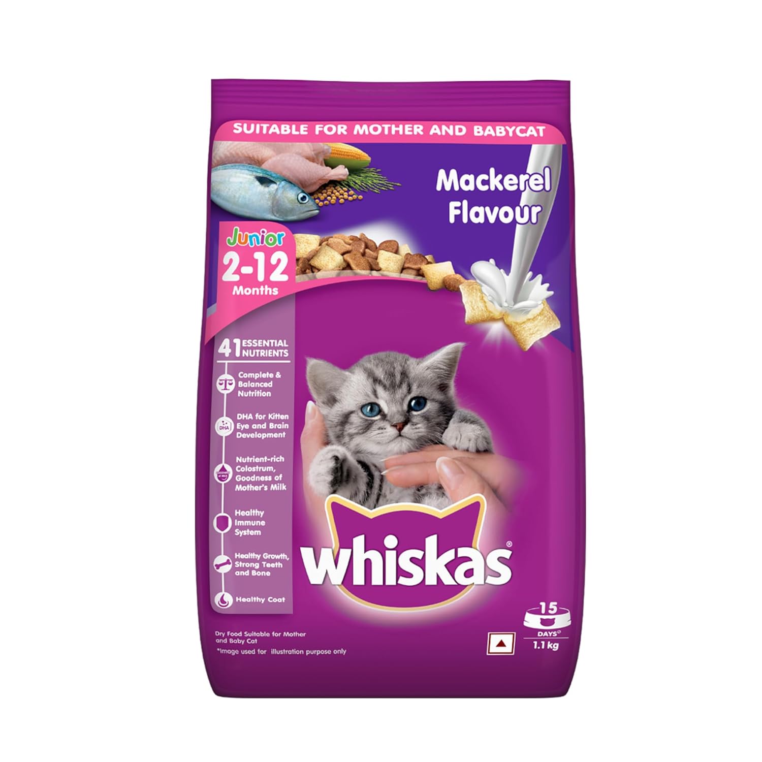 Whiskas Kitten (2-12 months) Dry Cat Food, Mackerel Flavour, 1.1kg Pack