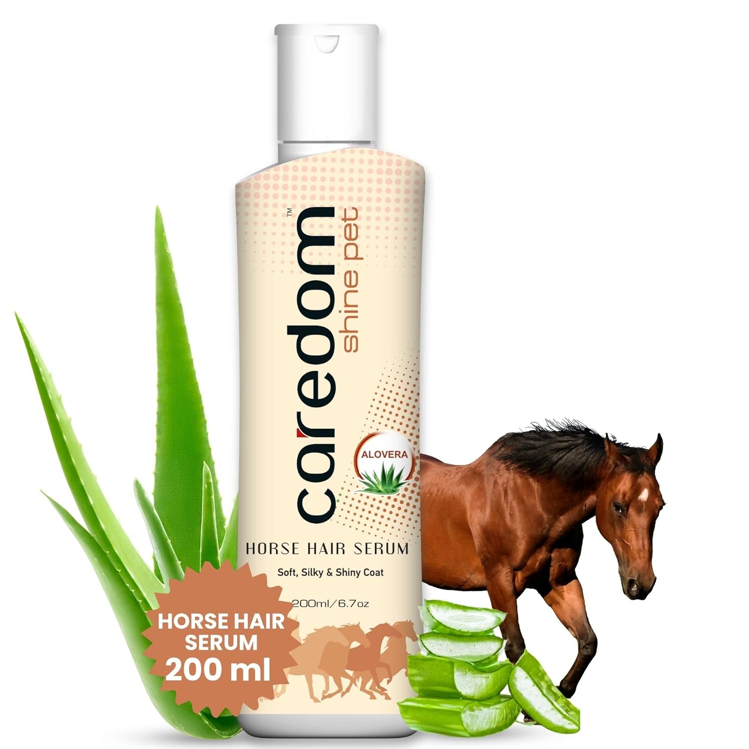 Caredom Pet Horse Hair Serum | Aloe Vera Enriched | Anti-Frizz Formula for Soft, Silky & Shiny Coat | Horse Grooming Serum | 200ml (Pack of 1)